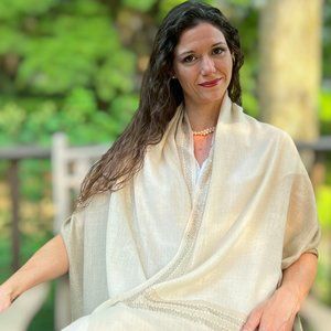 Beige and Ivory Wool and Silk Ombre Scarf / Wrap With Crystal Border